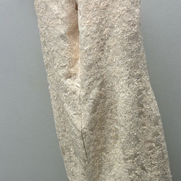 Champagne color gown with an Appliqué bodice, sweep train, scalloped bottom. - Picture 3 of 10